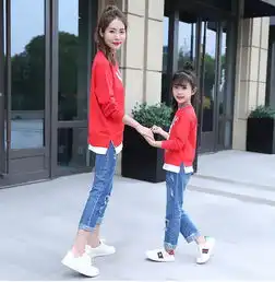 2017秋季新款亲子装卡通上衣牛仔裤套装女款韩版时尚