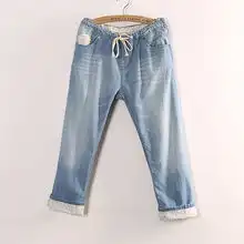 外贸松紧腰磨白做旧休闲小熊刺绣碎花翻边宽松大码牛仔七分裤垮裤