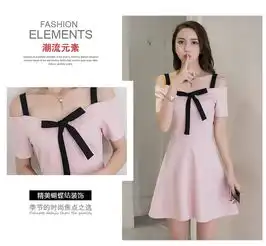 夏季女装韩版蝴蝶结露背吊带连衣裙一字领高腰显瘦打底a字裙短裙