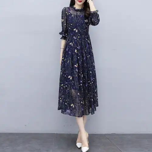 碎花连衣裙女2020春季新款韩版气质收腰显瘦长款过膝大摆a字裙子