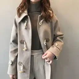 施悦名2019冬季新款毛呢大衣女韩版宽松加厚牛角扣外套a