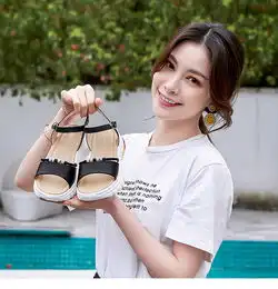 古奇天伦女士真皮凉鞋夏季新款韩版百搭学生厚底松糕凉鞋一字扣带女鞋