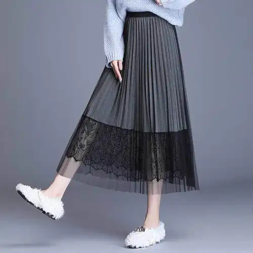 蕾丝纱裙半身裙中长款2020春夏季高腰百搭网纱百褶裙a字裙仙女裙