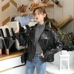 实拍新款黑色长袖百搭机车短款pu皮衣拉链翻领外套女装