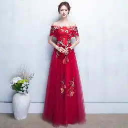 敬酒服新娘2017新款一字肩红色长款宴会晚礼服连衣裙女短款