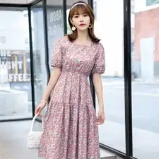 2021夏季新款潮流印花圆领中长款裙子女舒适碎花连衣裙