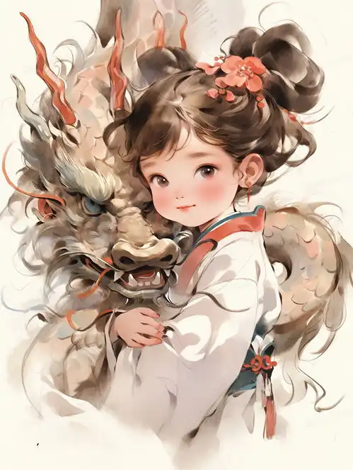 中国风龙和少女儿童水彩插画图片素材下载jpg格式熊猫办公