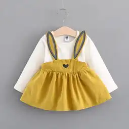 依莱酷yilaiku婴幼儿女童连衣裙秋季韩版新款卡通长耳朵兔假两件宝宝背带裙子蜜芽