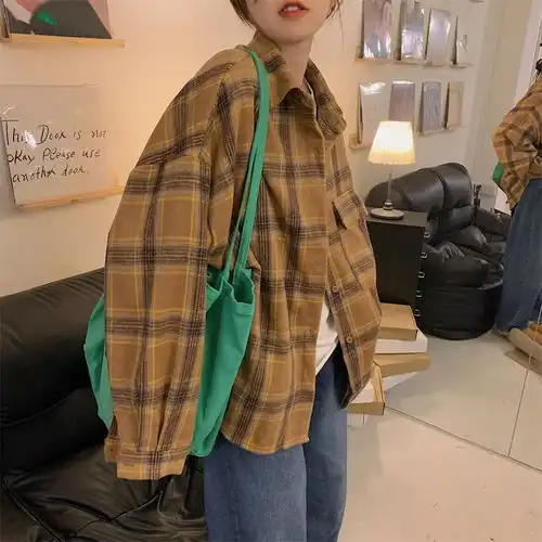 毛呢格子衬衫女秋冬复古港风磨毛上衣设计感小众宽松长袖衬衣外套