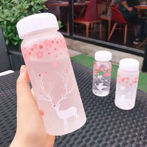 韩版创意樱花磨砂玻璃杯便携可爱女学生水杯韩国水瓶清新随行杯子