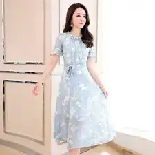 夏装2019新款女装长款喇叭袖清新印花雪纺连衣裙女