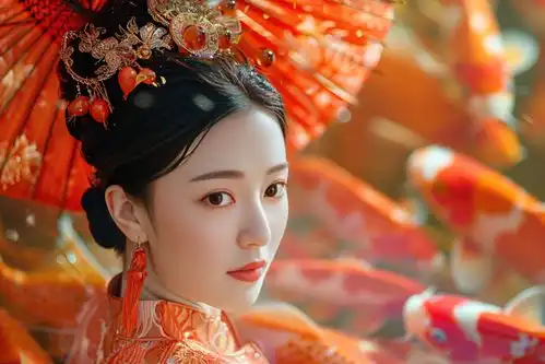 高清古代美女锦鲤人物肖像摄影图摄影图