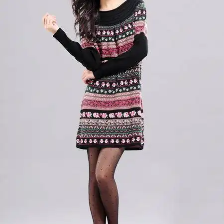 秋冬新款爆版长袖圆领针织连衣裙韩版碎花针织毛衣1017