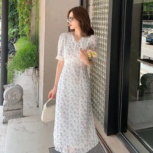 纯色波点可爱亚麻花苞裙