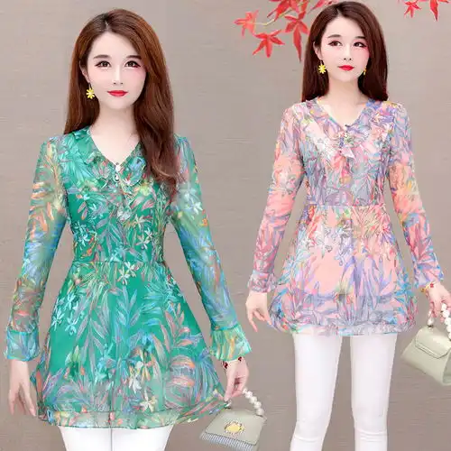 碎花雪纺衫女夏短袖大码韩版修身遮肚新款v领洋气妈妈中长款上衣
