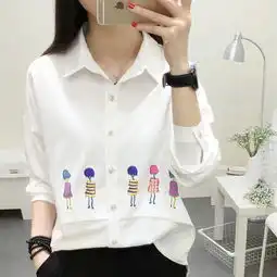 韩都部落2016春秋装韩版卡通印花白衬衫女纯色立领宽松图案长袖拼接衬衣秋