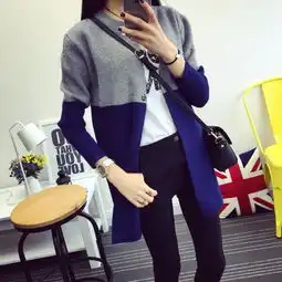 秋季新品女装上衣学生秋装外套女撞色毛衣外套中长款针织衫女开衫ouf518