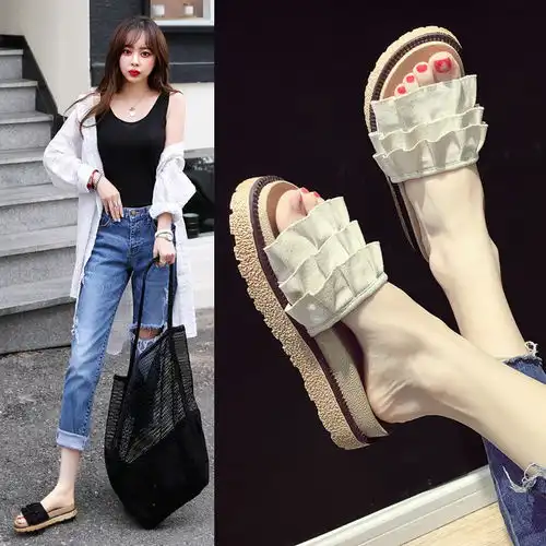 凉拖鞋女夏2020新款松糕厚底一字拖韩版时尚外穿花边平底沙滩拖鞋
