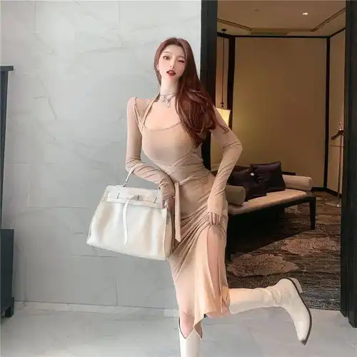 方领挂脖高开叉长裙,法式纯欲风,举止优雅,收腰显瘦