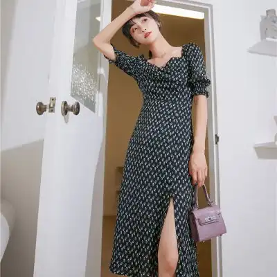 实拍2020新款法式碎花茶歇裙方领开叉高腰显瘦长裙连衣裙女夏