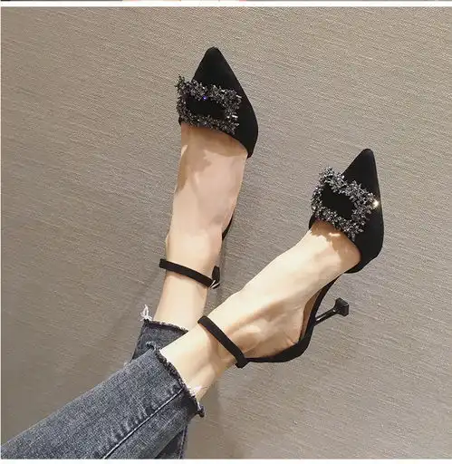 女细跟中空单鞋早春新款韩版水钻高跟鞋一字扣百搭女鞋afx