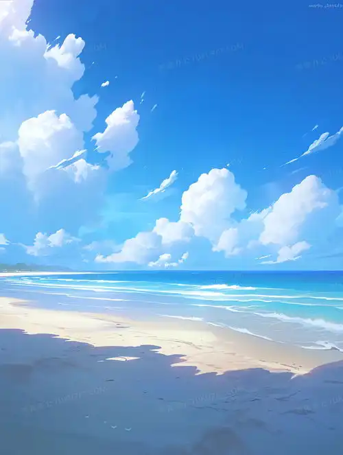 清新唯美的蓝天白云下碧蓝的大海和沙滩插画图片素材下载jpg格式熊猫办公