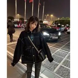 欧美风纯色宽松休闲个性大口袋工装连帽牛仔衣2件套短款外套