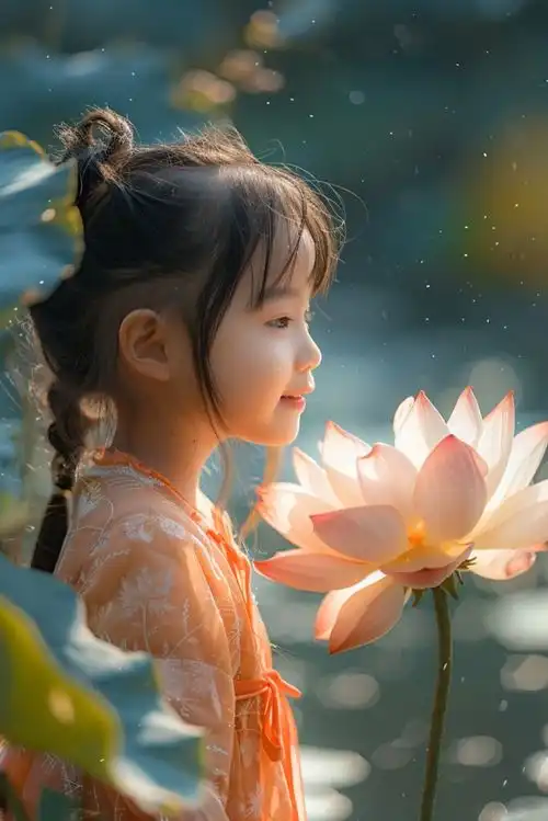 夏季荷花俏皮小女孩与鲜花人物肖像摄影摄影图下载至来源处