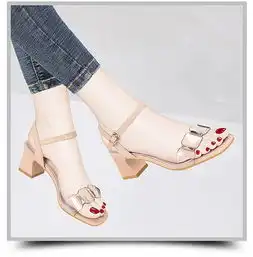 金丝兔粗跟凉鞋女2019新款夏季百搭时尚中跟女鞋韩版露趾一字扣高跟鞋女6087