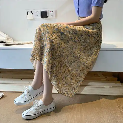 夏季2020百搭裙子女半身裙中长款ins潮复古碎花高腰半裙雪纺a字裙
