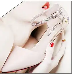 古奇天伦8639包头凉鞋女夏中跟夏季新款一字带细跟性感百搭韩版高跟鞋