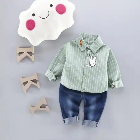 x新品男童女童条纹长袖童套装卡通兔子条纹梭织衬衫牛仔裤图片大全邮乐官方网站
