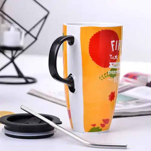 创意超大容量水杯带盖带勺吸管办公室女生牛奶果汁早餐陶瓷马克杯