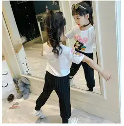 童装女童夏季清新套装2018新款时尚中大童印花字母卡通女孩两件套