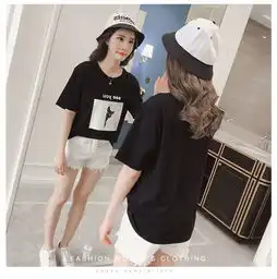 fx2018春夏新款韩版女装卡通小猫咪印花修身短袖纯棉圆领t恤女