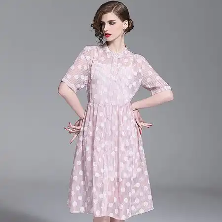 法米姿新款欧美女装减龄粉色波点透视条纹娃娃款连衣裙99245