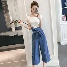 八掌娘娘潮流女装2017夏季新款韩版气质时尚蝴蝶结收腰系带牛仔背带裤女七分阔腿裤简单网www.j.cn