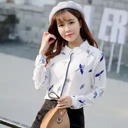 多曼妮旗舰店白衬衫女2017春装新款长韩版长袖印花百搭学生宽松娃娃领雪纺衫潮简单网www.j.cn