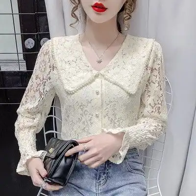 翻领秋季浅灰色条纹蕾丝衬衫