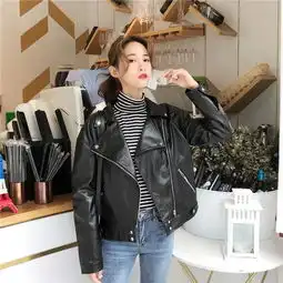 实拍新款黑色长袖百搭机车短款pu皮衣拉链翻领外套女装
