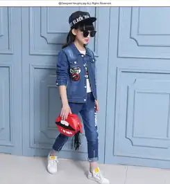 卡通女孩三件套春秋款3612岁韩版童装春装女童牛仔套装新款兔制包邮