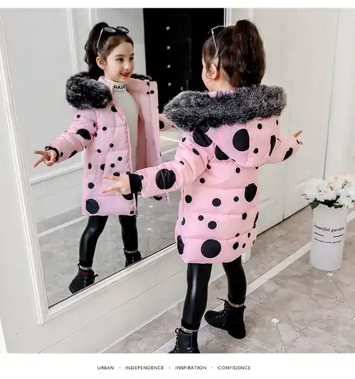 2019冬季新款女童百搭外套中大童创意满身圆点连帽加厚棉衣潮ly