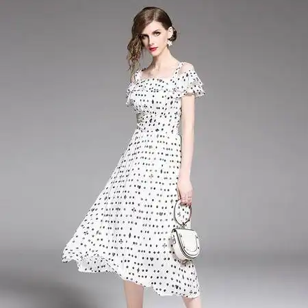 汤河店2019夏季新款荷叶边一字领边吊带裙时尚淑女修身超仙连衣裙女