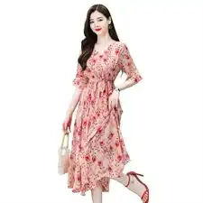 2024新款女气质显瘦法式高腰v领复古仙碎花松紧腰连衣裙送腰带