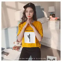 fx2018春夏新款韩版女装卡通小猫咪印花修身短袖纯棉圆领t恤女