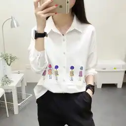 韩都部落2016春秋装韩版卡通印花白衬衫女纯色立领宽松图案长袖拼接衬衣秋