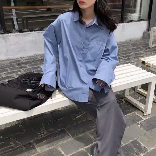 2020春秋新款复古百搭长袖衬衫女学生韩版宽松显瘦纯色衬衣外套潮