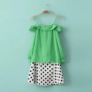 2014春夏装新款欧美风露肩吊带荷叶边雪纺上衣波点半身裙套装女