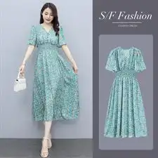 夏季新款韩版修身v领碎花连衣裙2021短袖洋气女裙碎花裙子