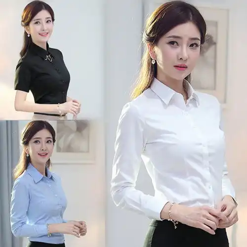 女装秋季新品女式白衬衫女简约舒适纯色翻领通勤长袖衬衫